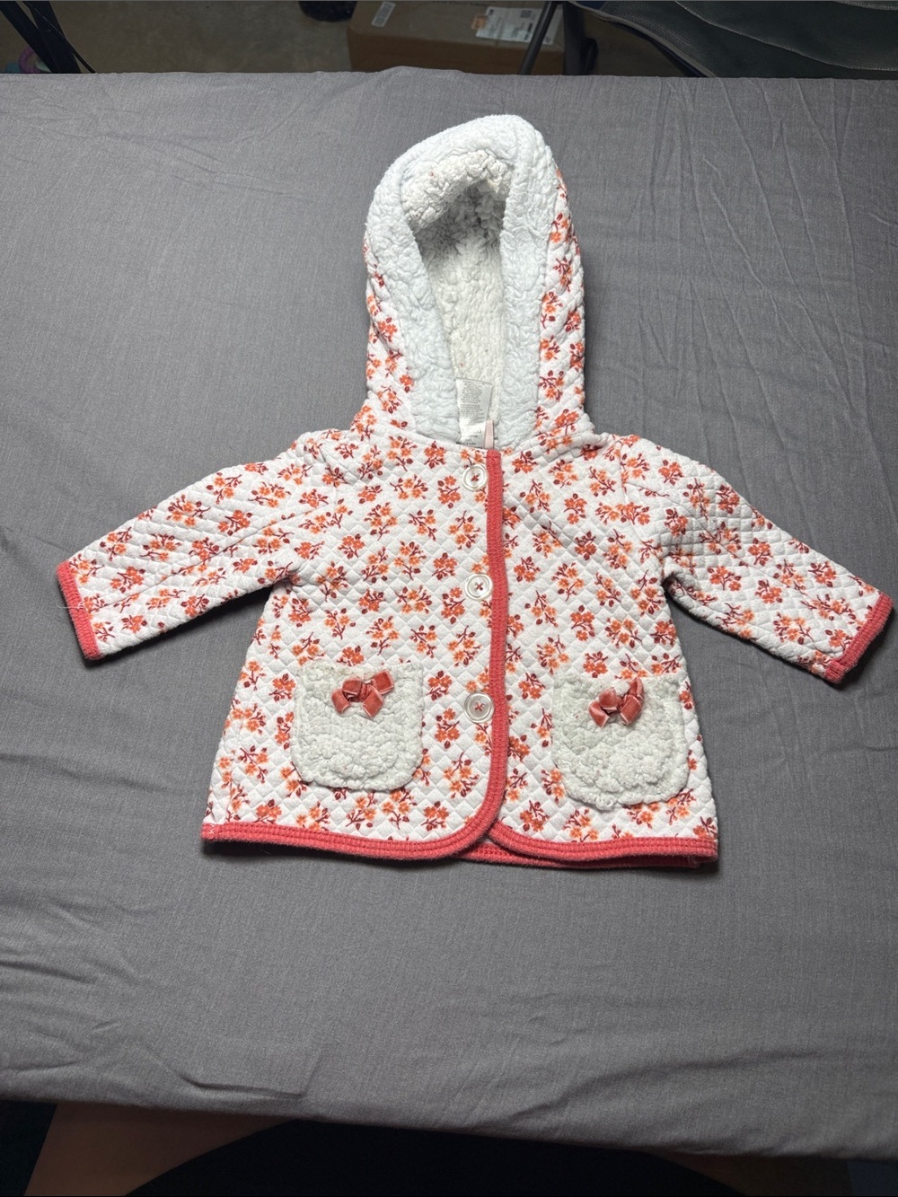 Little Lass Baby Quilted Floral Hooded Jacket in Coral and White